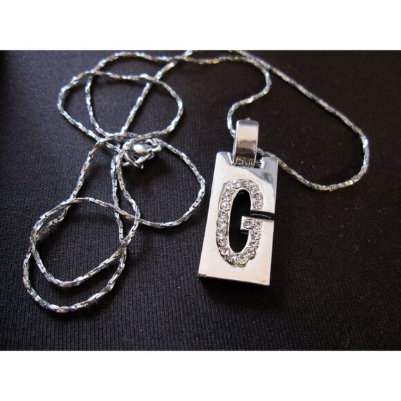 Silver Letter "G" Pendant Charm Necklace Rhinestone - Picture 2 of 4